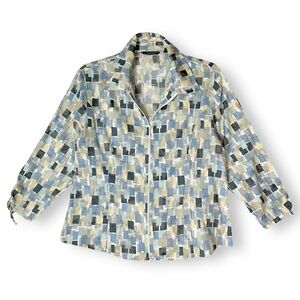 Samuel Dong Full Zip Semi Sheer Jacket Sz XL Geometric Artsy Topper